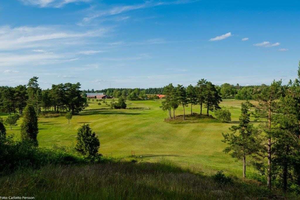 Grönlunds GKs golbana. Stor grön golfbana med träd.